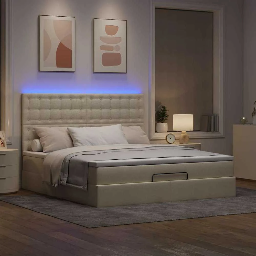 Osmanų lova su čiužiniu ir LED kreminiu 180x200 cm audiniu
