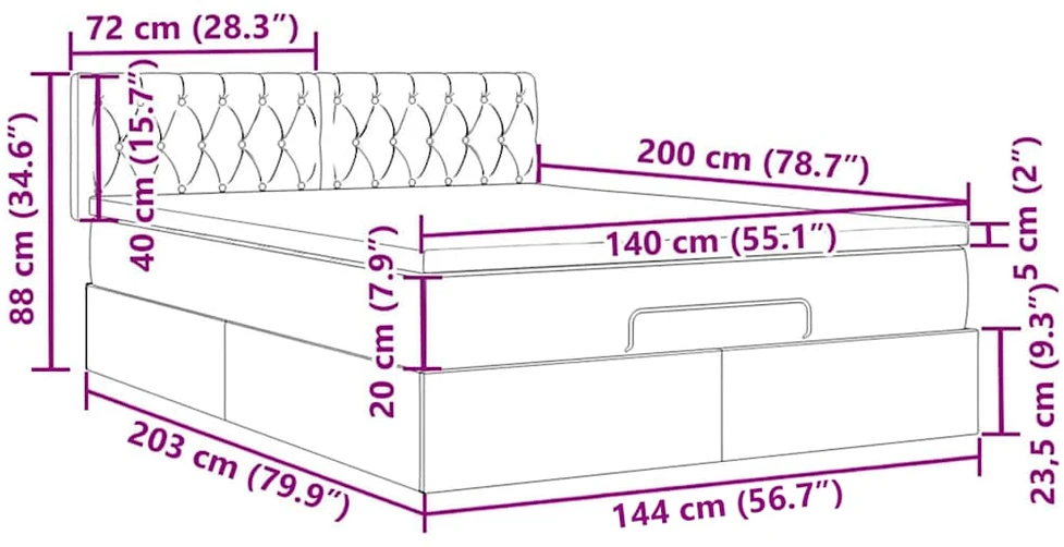 Osmanų lova su čiužiniu ir LED kreminiu 140x200 cm audiniu
