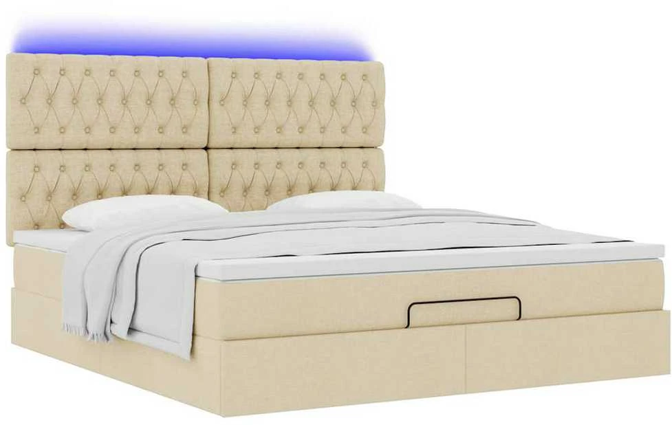 Osmanų lova su čiužiniu ir LED kreminiu 180x200 cm audiniu