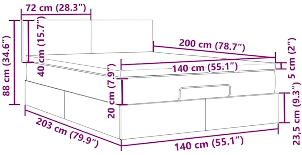 Osmanų lova su čiužiniu ir LED lemputėmis juodas 140x200 cm