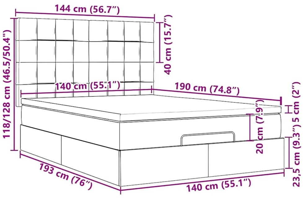 Osmanų lova su čiužiniu ir LED Mėlynas 140x190cm audinys