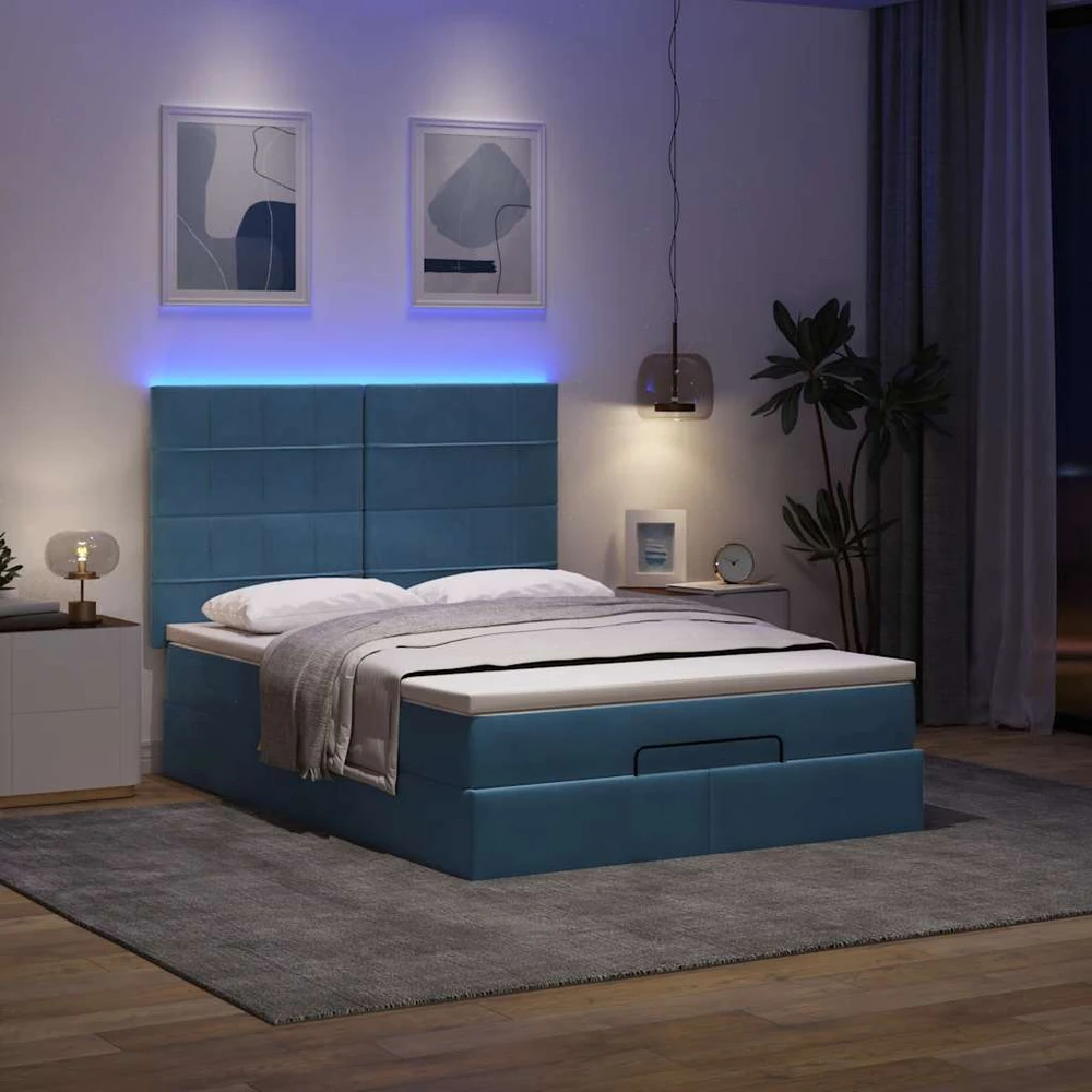 Osmanų lova su čiužiniu ir LED Mėlynas 140x190cm audinys