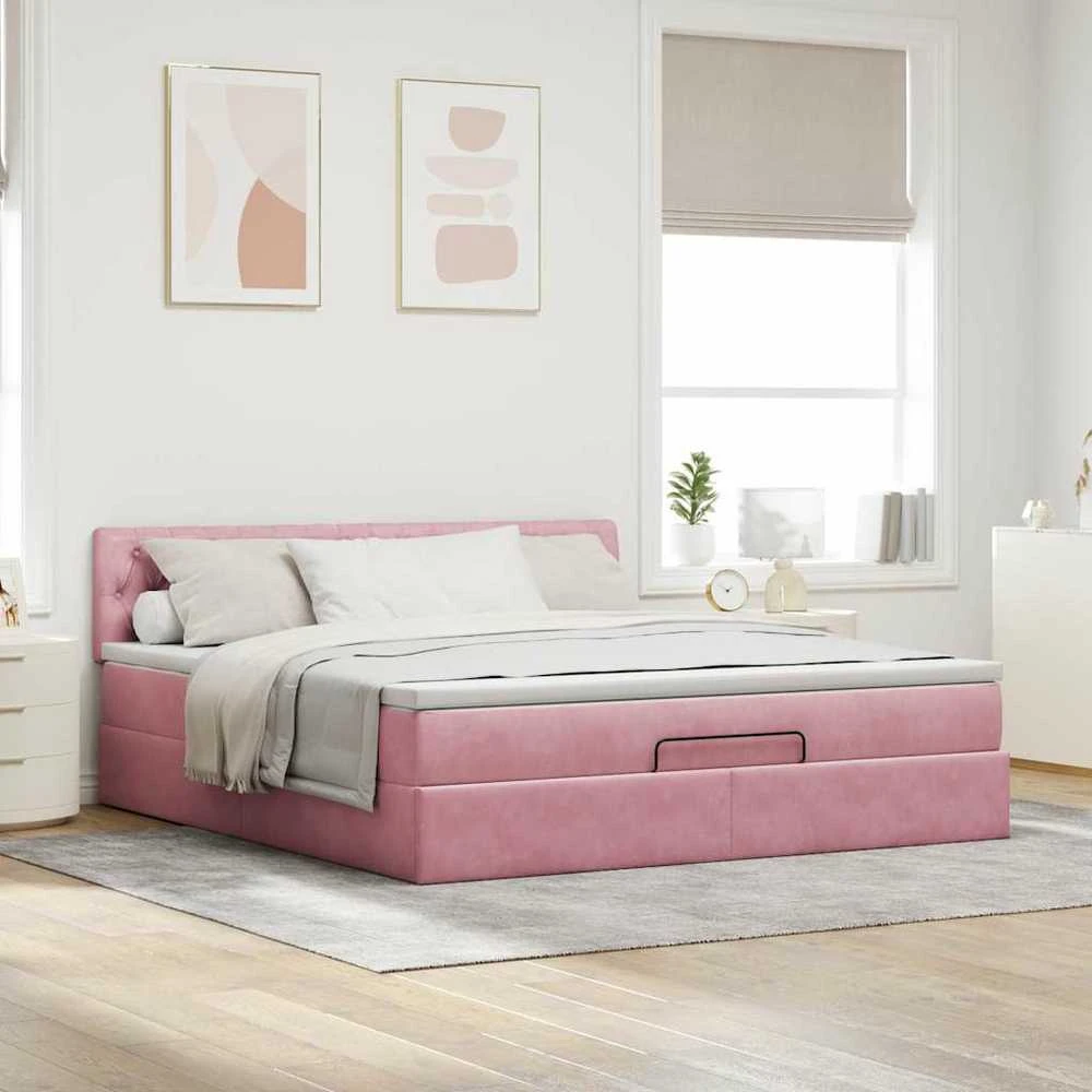 Osmanų lova su čiužiniu ir LED Rožinis 160x200cm Velvet