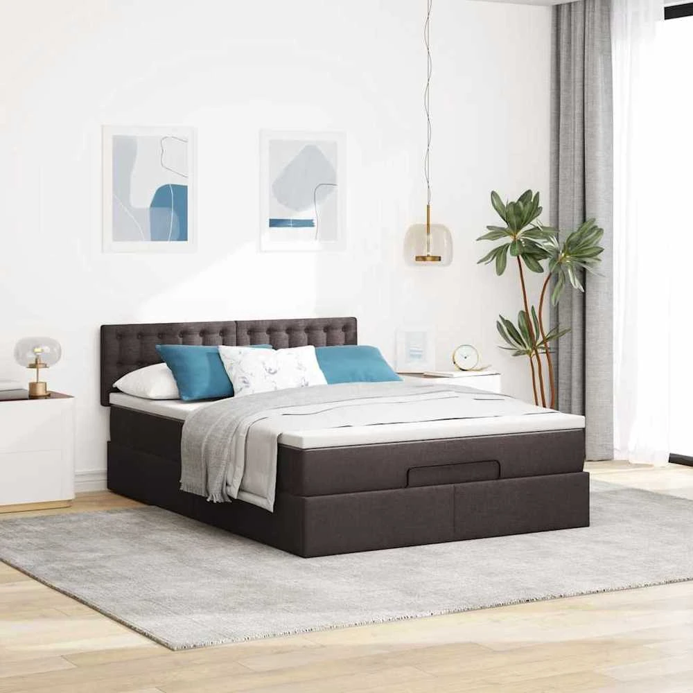 Osmanų lova su čiužiniu ir LED, rudas, 140x190cm, audinys