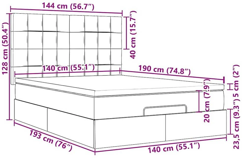 Osmanų lova su čiužiniu ir LED, rudas, 140x190cm, audinys