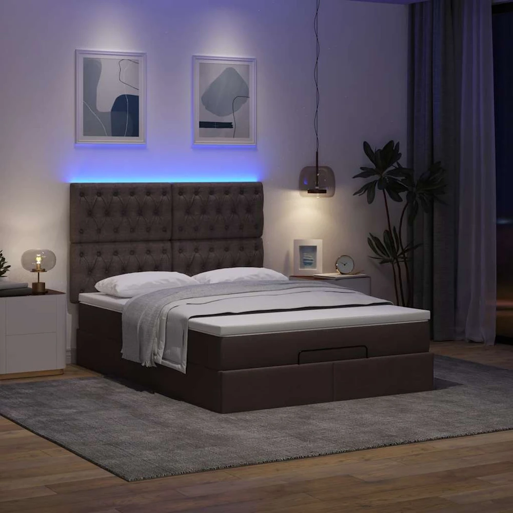 Osmanų lova su čiužiniu ir LED, rudas, 140x190cm, audinys