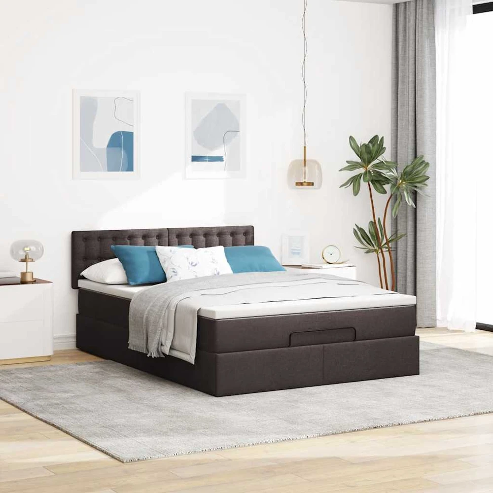 Osmanų lova su čiužiniu ir LED, rudas, 140x190cm, audinys
