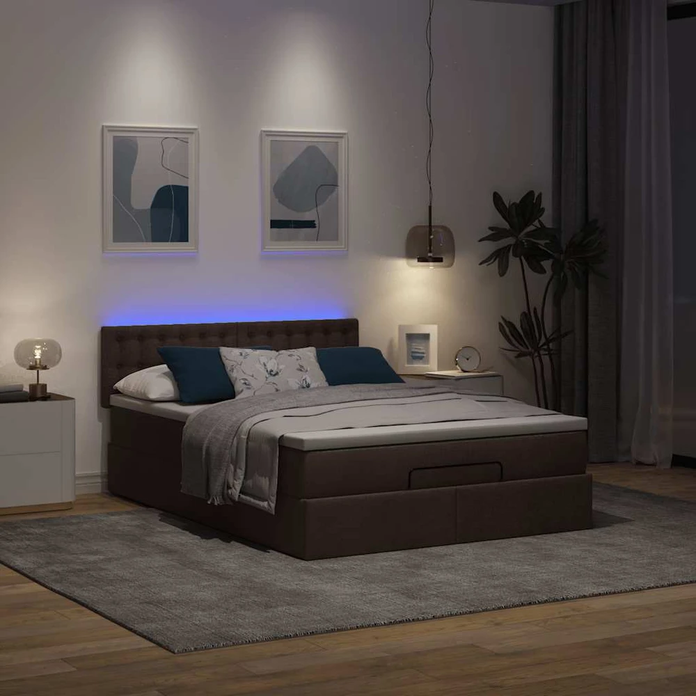 Osmanų lova su čiužiniu ir LED, rudas, 140x190cm, audinys