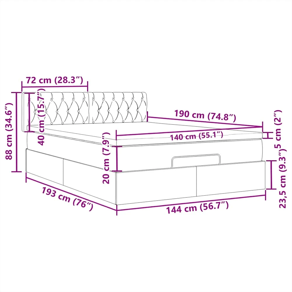 Osmanų lova su čiužiniu ir LED šviesiai pilka 140x190cm audinys