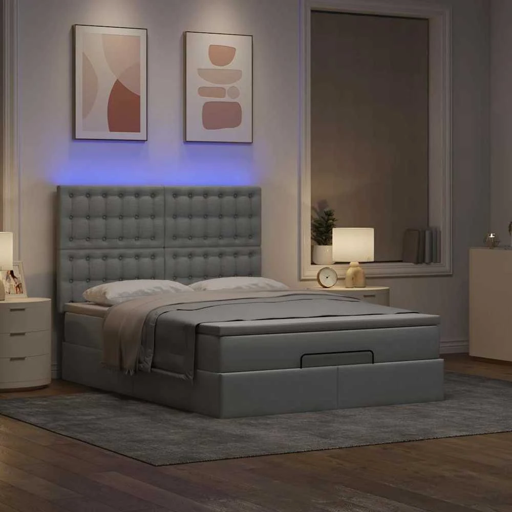 Osmanų lova su čiužiniu ir LED šviesiai pilka 140x190cm audinys