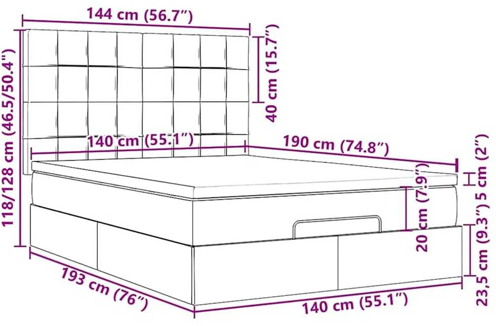 Osmanų lova su čiužiniu ir LED šviesiai pilka 140x190cm audinys