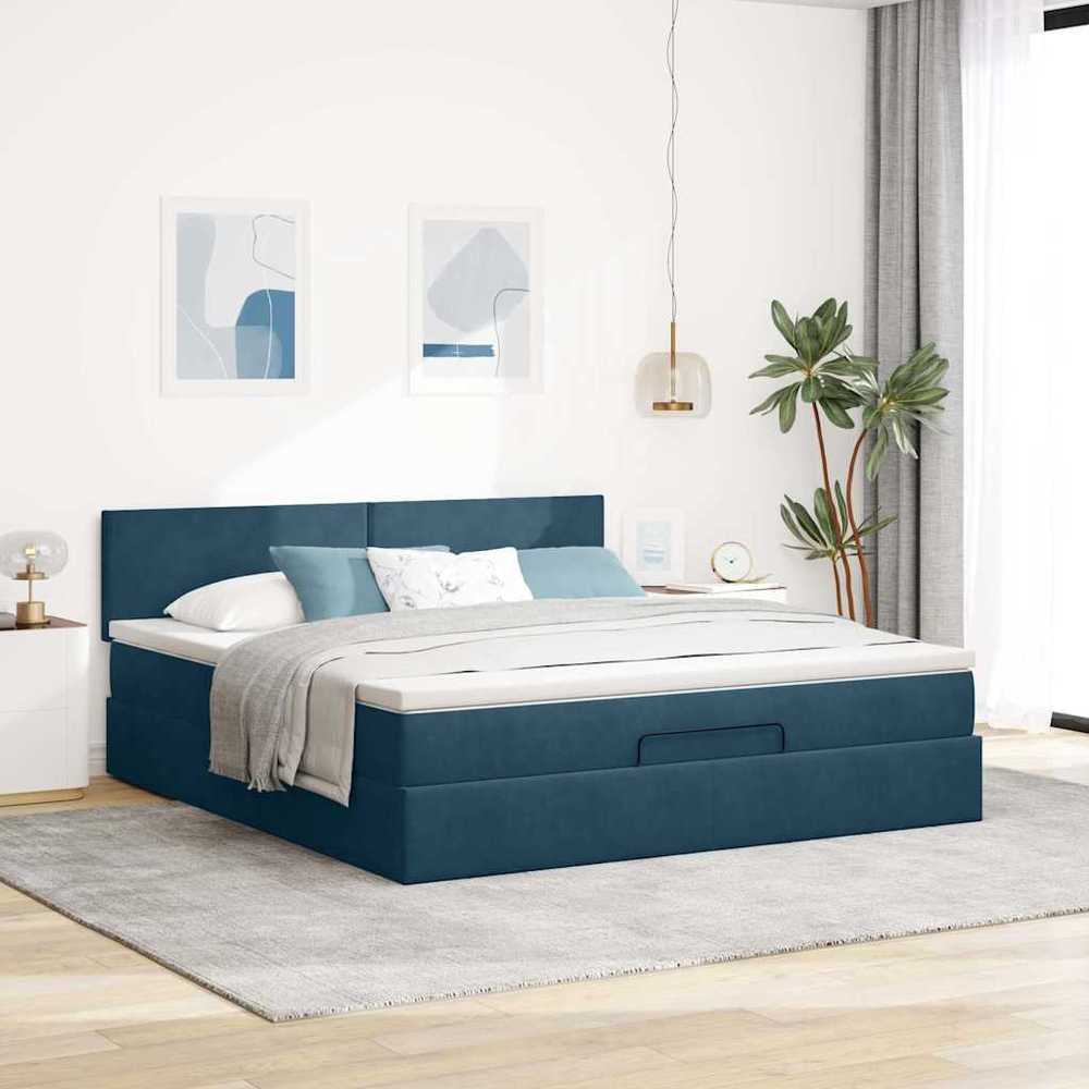 Osmanų lova su čiužiniu ir LED Tamsiai mėlyna 160x200cm Velvet