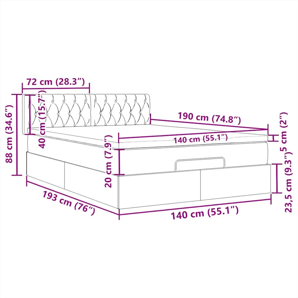 Osmanų lova su čiužiniu ir LED tamsiai pilka 140x190cm audinys