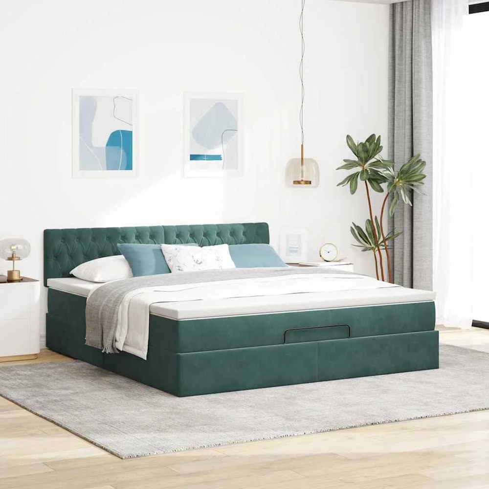 Osmanų lova su čiužiniu ir LED Tamsiai žalia 160x200cm Velvet