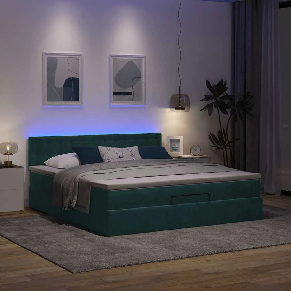 Osmanų lova su čiužiniu ir LED Tamsiai žalia 180x200cm Velvet