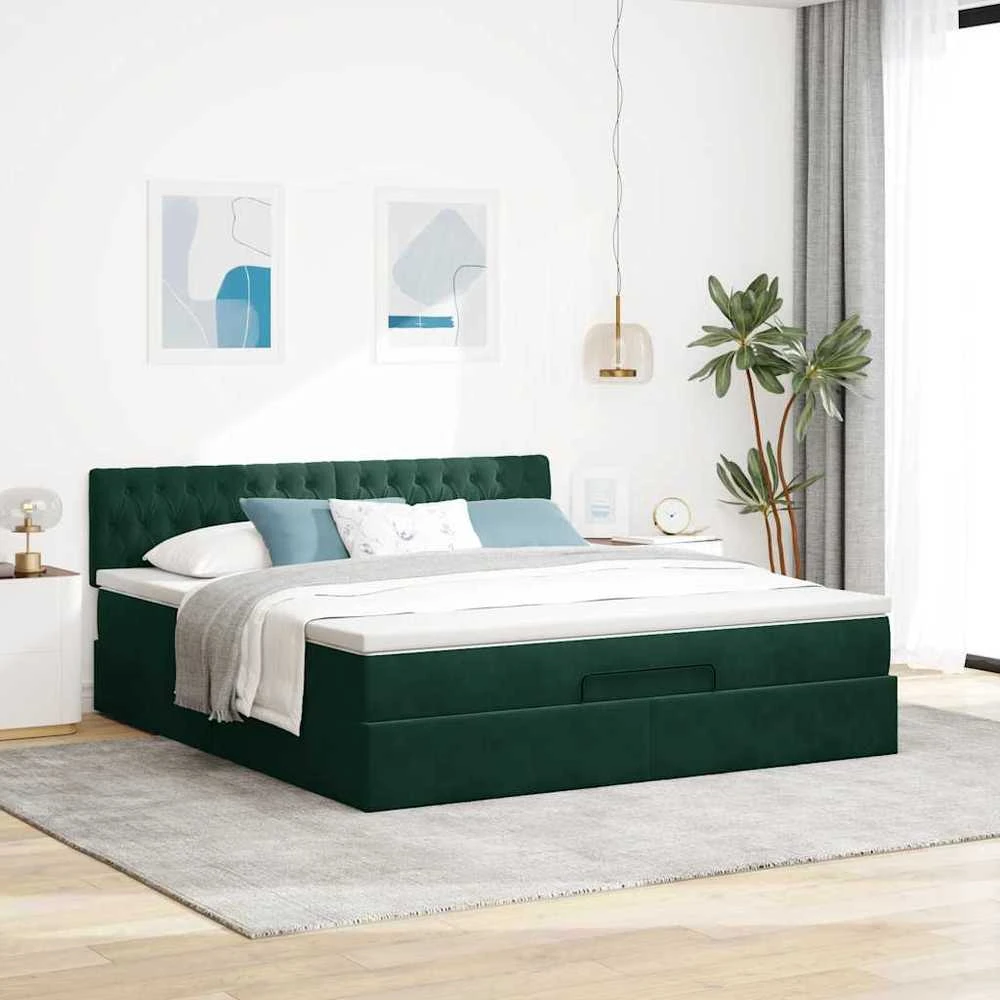 Osmanų lova su čiužiniu ir LED Tamsiai žalia 160x200cm Velvet