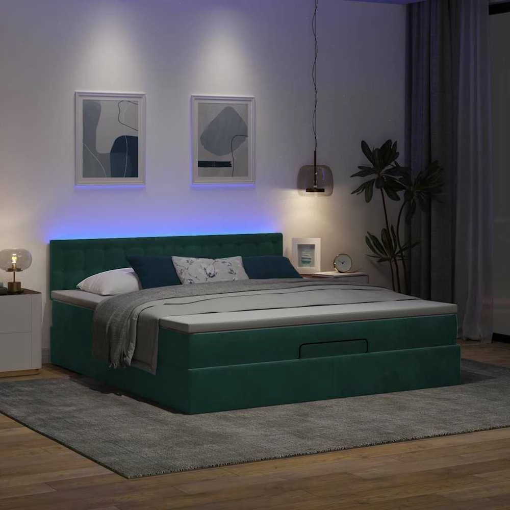 Osmanų lova su čiužiniu ir LED Tamsiai žalia 160x200cm Velvet