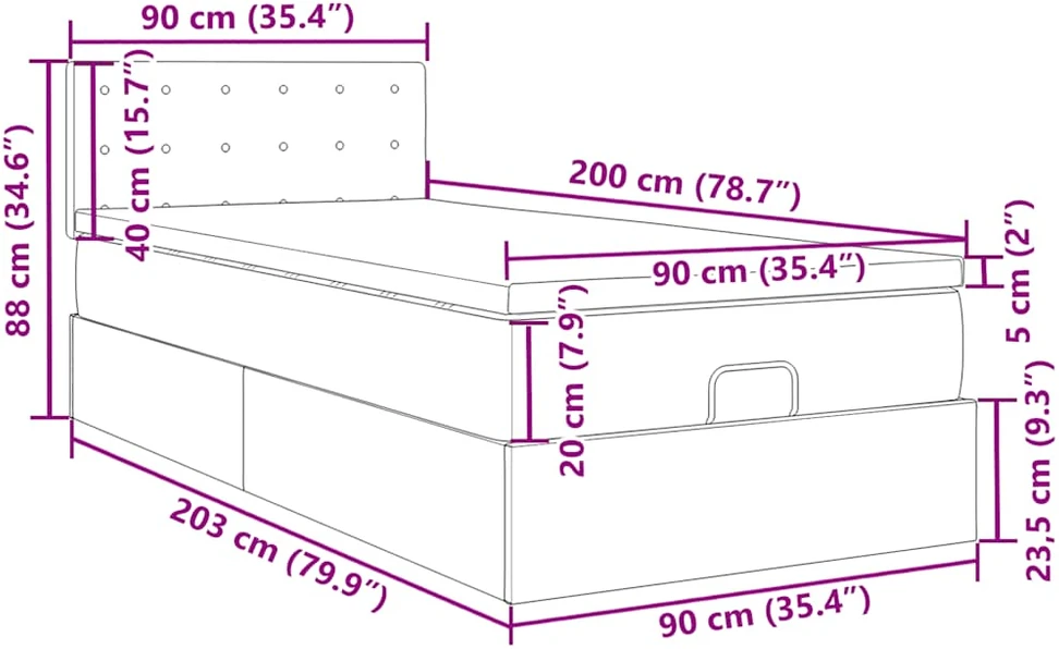 Osmanų lova su čiužiniu ir LED, taupe sp., 90x200cm, audinys
