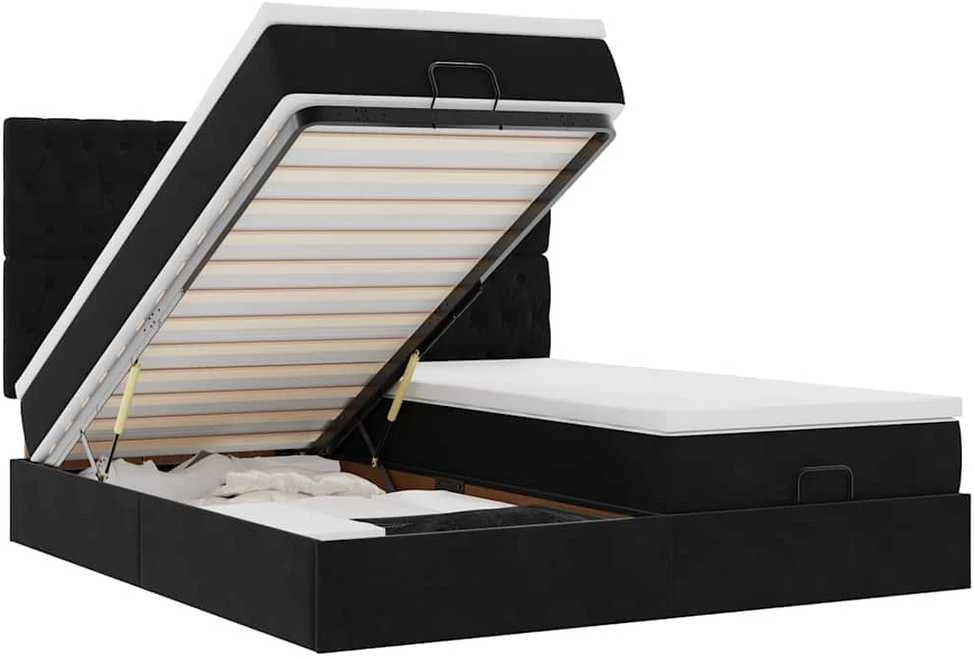 Osmanų lovos rėmas su čiužiniais, juodas, 180x200cm, aksomas