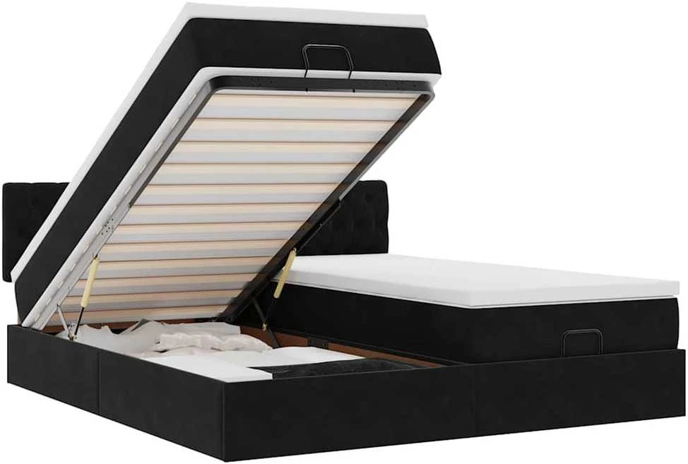 Osmanų lovos rėmas su čiužiniais, juodas, 180x200cm, aksomas