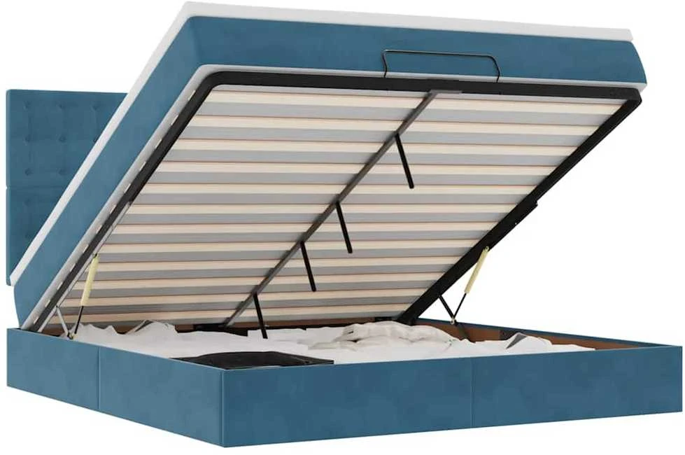 Osmanų lovos rėmas su čiužiniais, mėlynas, 180x200cm, aksomas