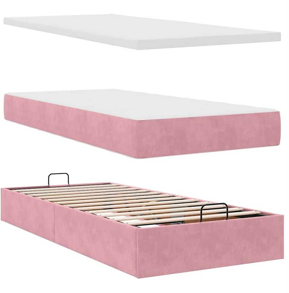 Osmanų lovos rėmas su čiužiniais, rožinis, 160x200cm, aksomas