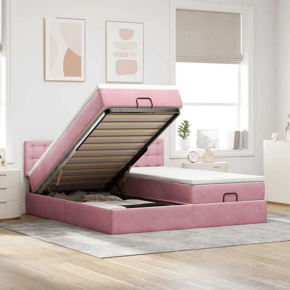 Osmanų lovos rėmas su čiužiniais, rožinis, 160x200cm, aksomas