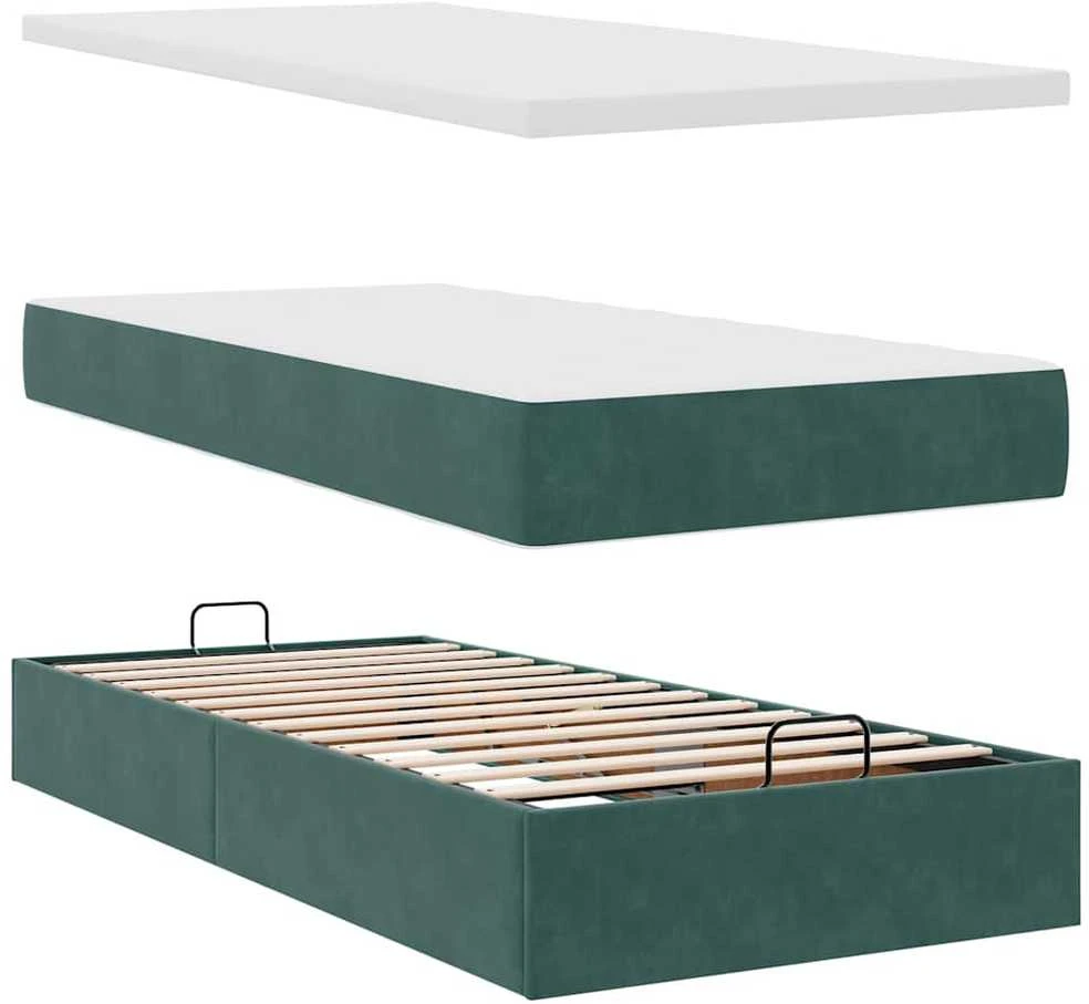 Osmanų lovos rėmas su čiužiniais, žalias, 90x190cm, aksomas