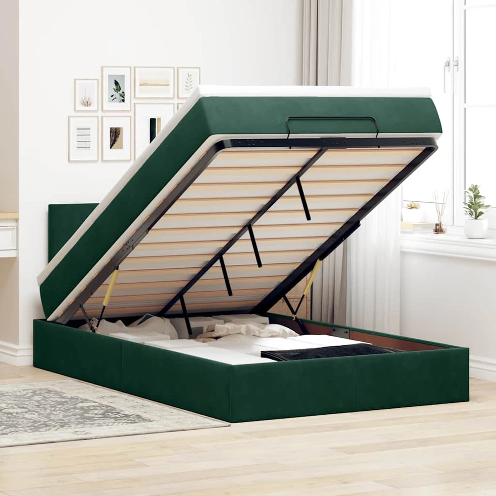Osmanų lovos rėmas su čiužiniu, žalias, 120x200cm, aksomas