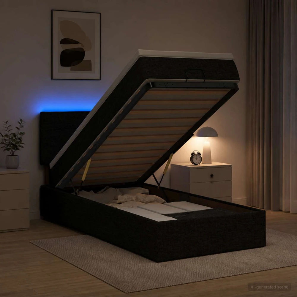 Otmana lova su matracsu ir LED Juoda 100 x 200 cm Audinys