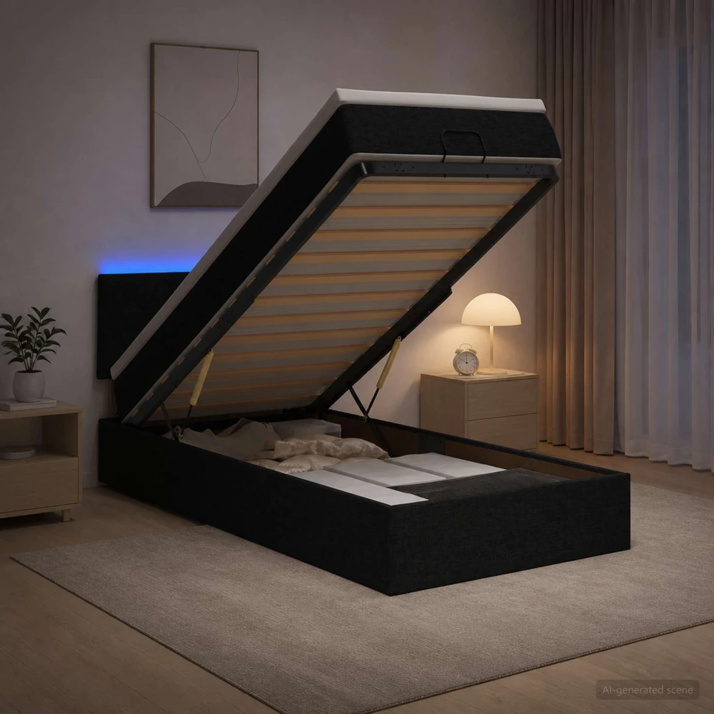 Otmana lova su matracsu ir LED Juoda 100 x 200 cm Audinys