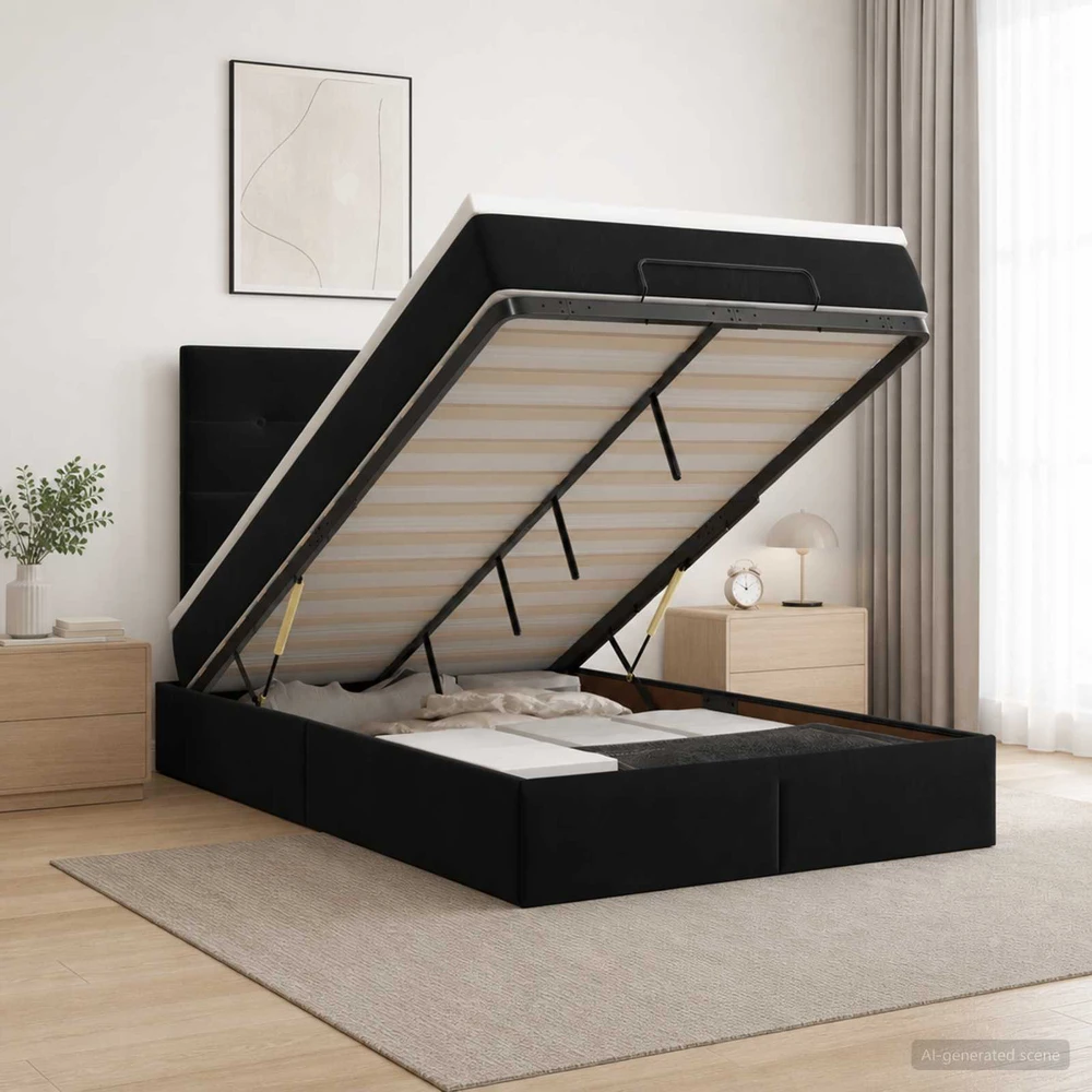 Otmana lova su matracsu ir LED Juoda 120 x 190 cm Aksomas