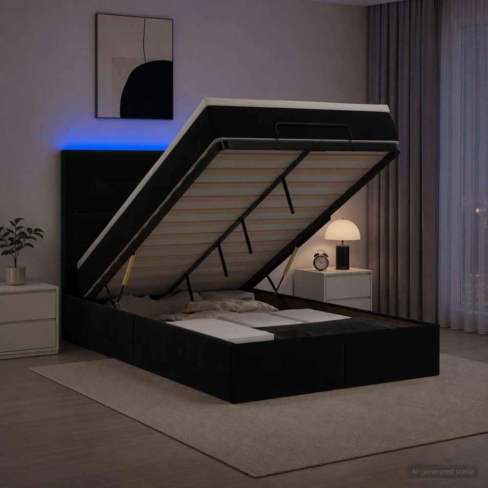 Otmana lova su matracsu ir LED Juoda 120 x 190 cm Aksomas