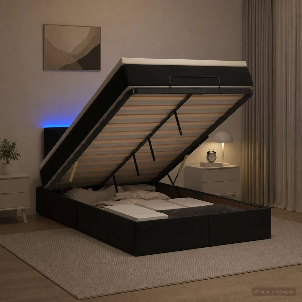 Otmana lova su matracsu ir LED Juoda 120 x 200 cm Aksomas