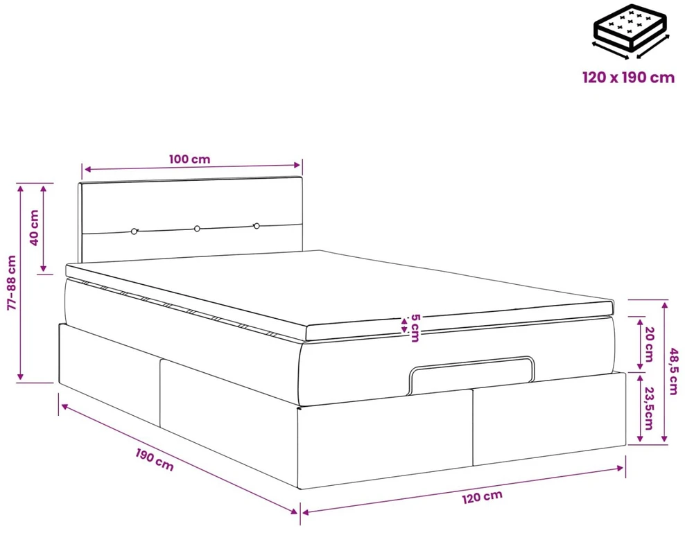 Otmana lova su matracsu ir LED Juoda 120 x 190 cm Aksomas