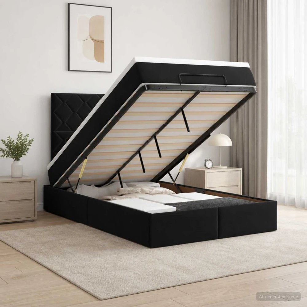 Otmana lova su matracsu ir LED Juoda 120 x 190 cm Aksomas