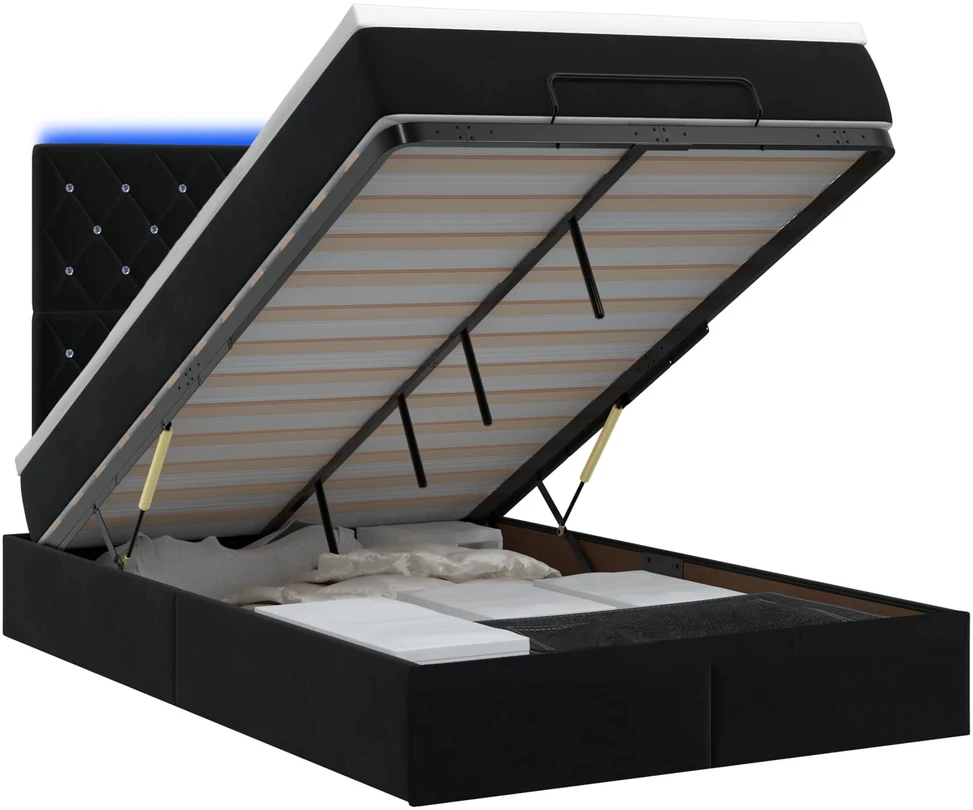 Otmana lova su matracsu ir LED Juoda 120 x 200 cm Aksomas