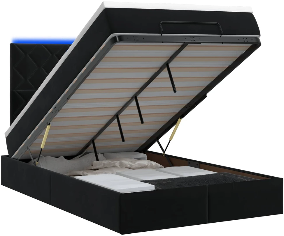 Otmana lova su matracsu ir LED Juoda 120 x 200 cm Aksomas