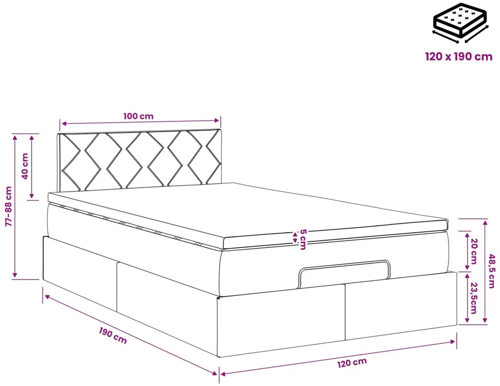 Otmana lova su matracsu ir LED Juoda 120 x 190 cm Aksomas