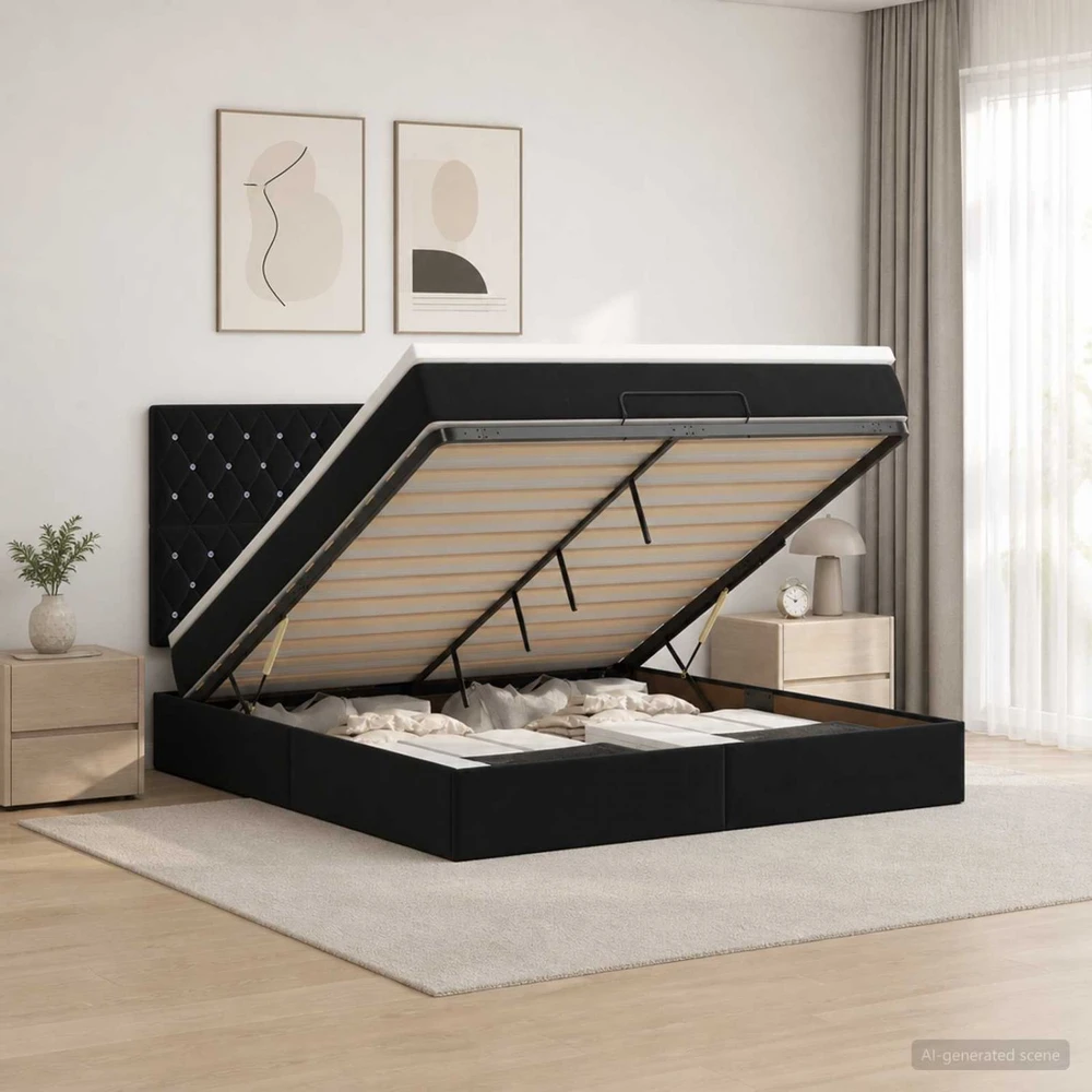 Otmana lova su matracsu ir LED Juoda 140 x 200 cm Aksomas