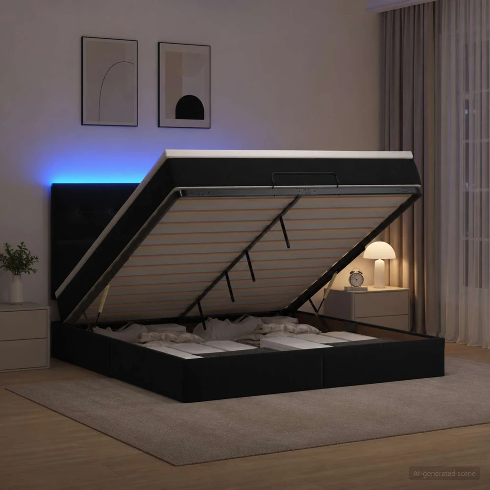 Otmana lova su matracsu ir LED Juoda 140 x 200 cm Aksomas