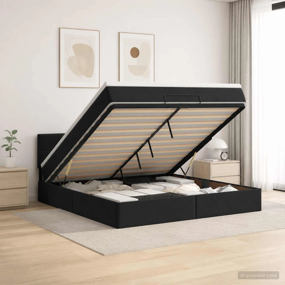Otmana lova su matracsu ir LED Juoda 140 x 190 cm Aksomas