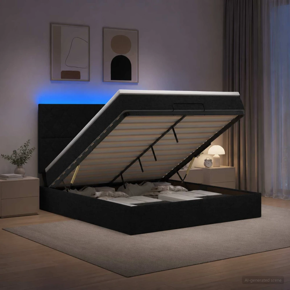 Otmana lova su matracsu ir LED Juoda 140 x 200 cm Audinys