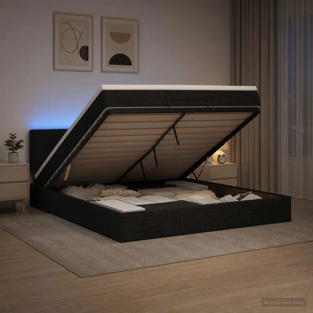 Otmana lova su matracsu ir LED Juoda 140 x 190 cm Audinys