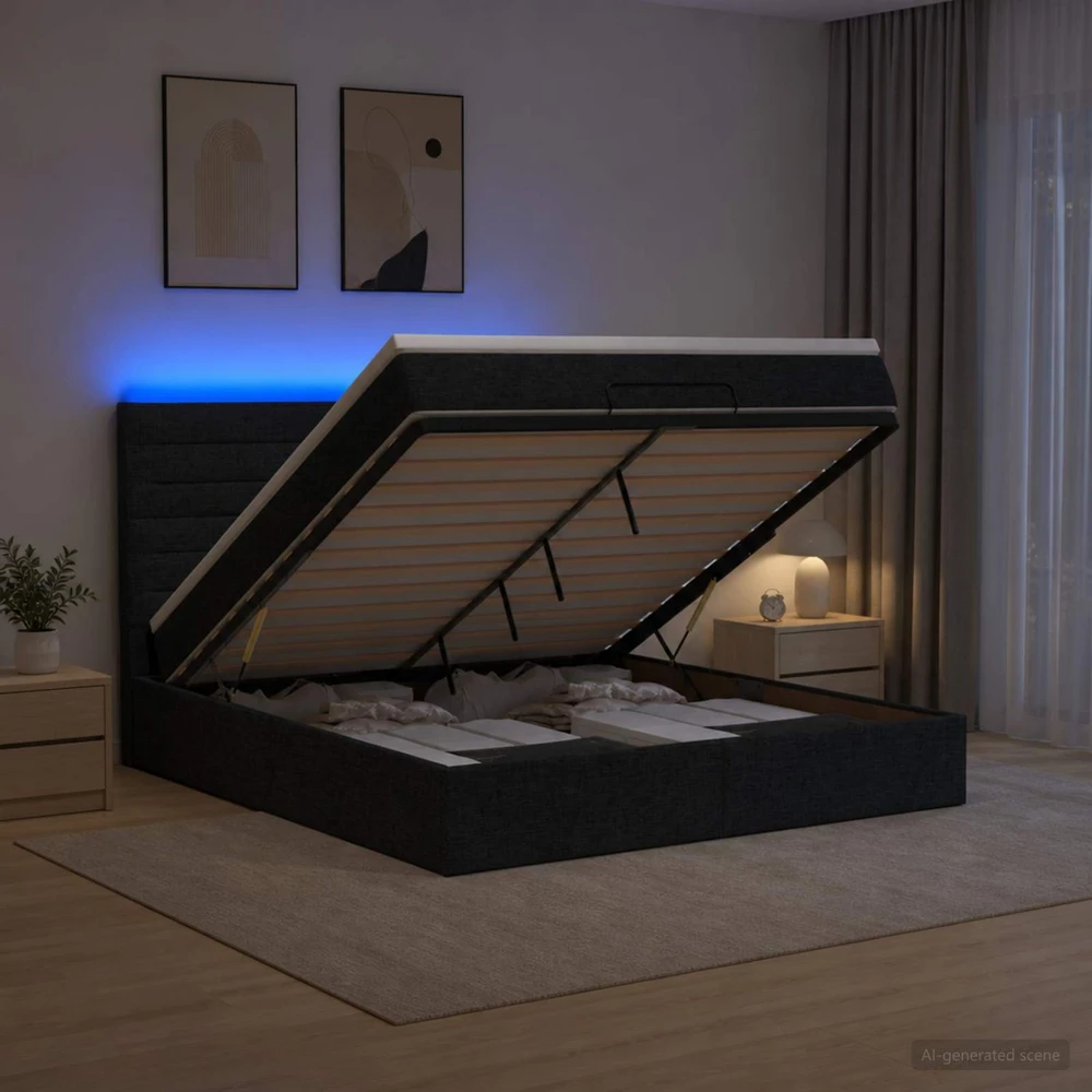 Otmana lova su matracsu ir LED Juoda 140 x 190 cm Audinys