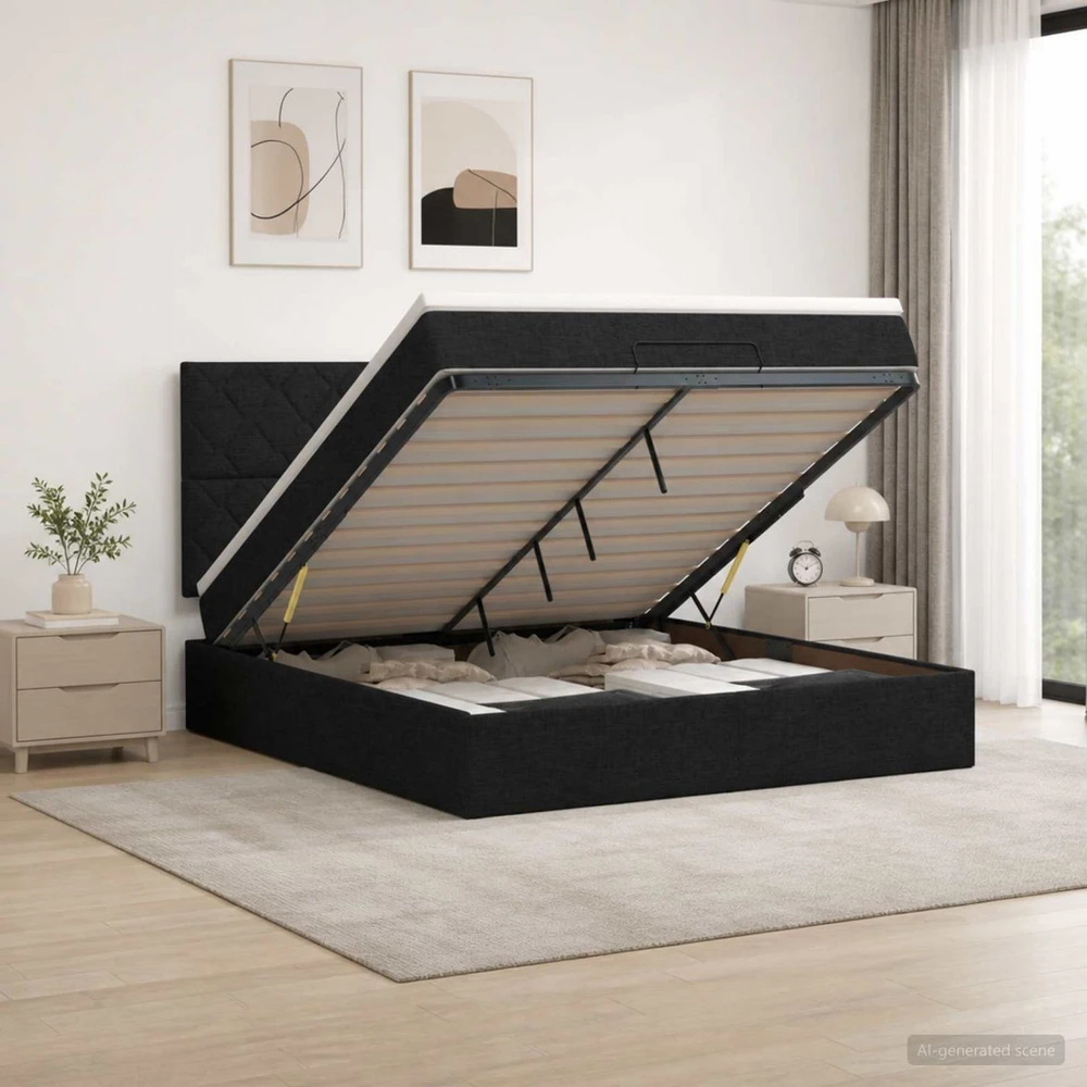 Otmana lova su matracsu ir LED Juoda 140 x 190 cm Audinys