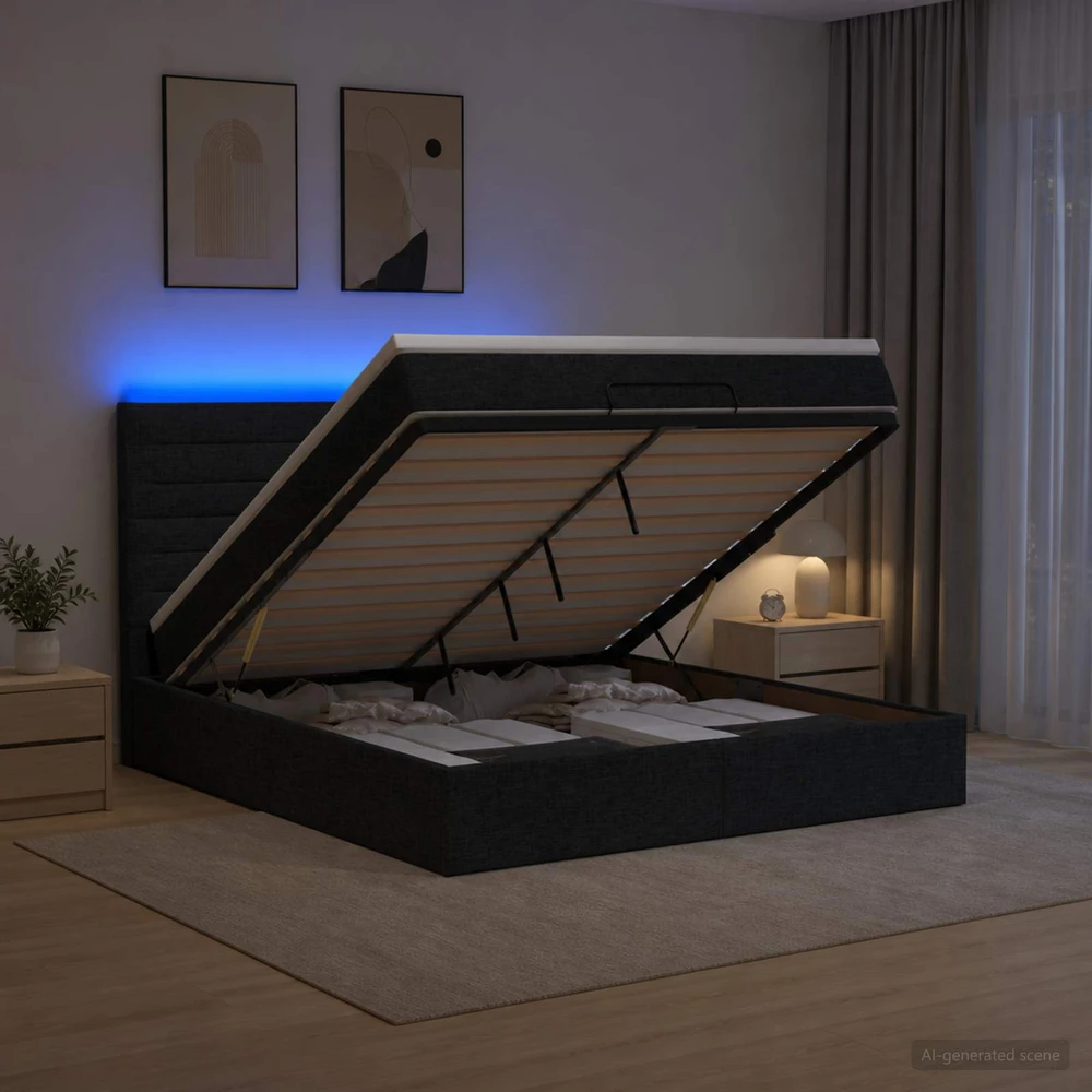 Otmana lova su matracsu ir LED Juoda 140 x 190 cm Audinys