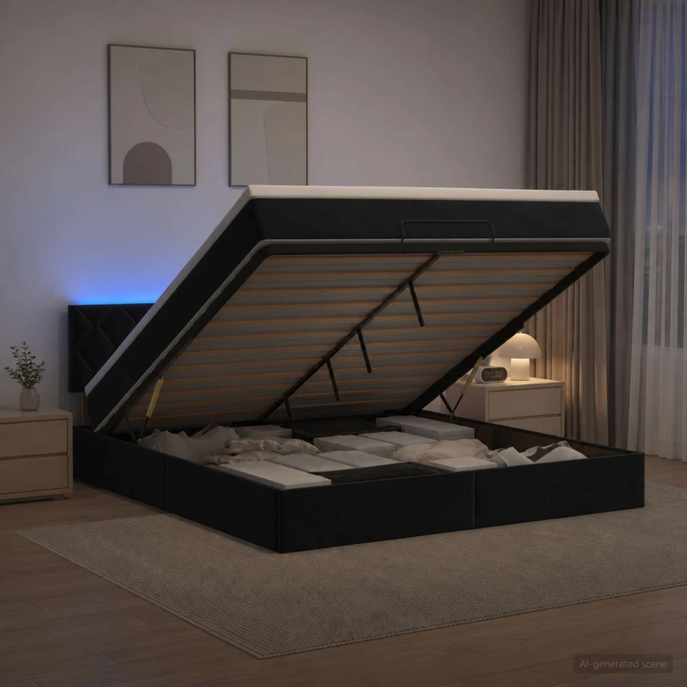 Otmana lova su matracsu ir LED Juoda 140 x 200 cm Aksomas