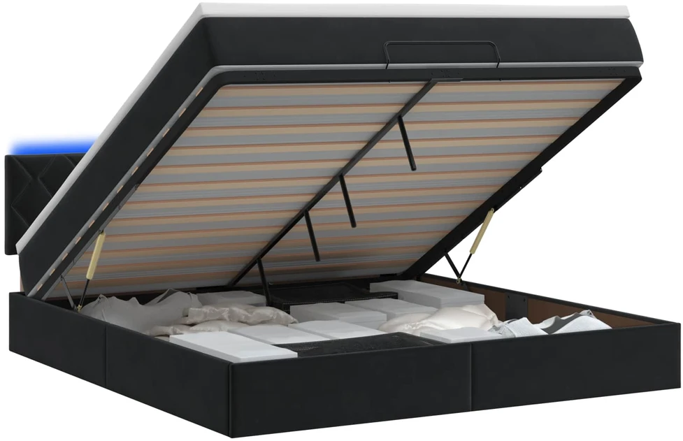 Otmana lova su matracsu ir LED Juoda 140 x 200 cm Aksomas