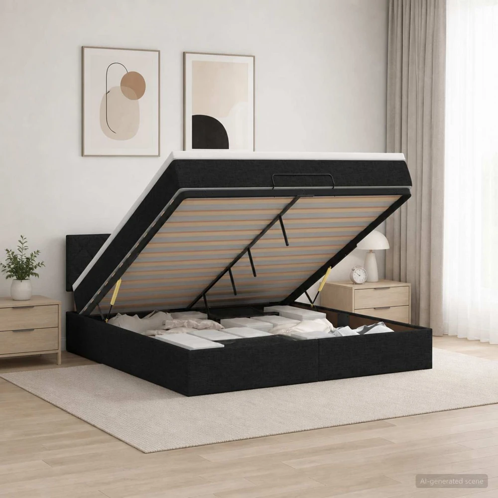 Otmana lova su matracsu ir LED Juoda 160 x 200 cm Audinys